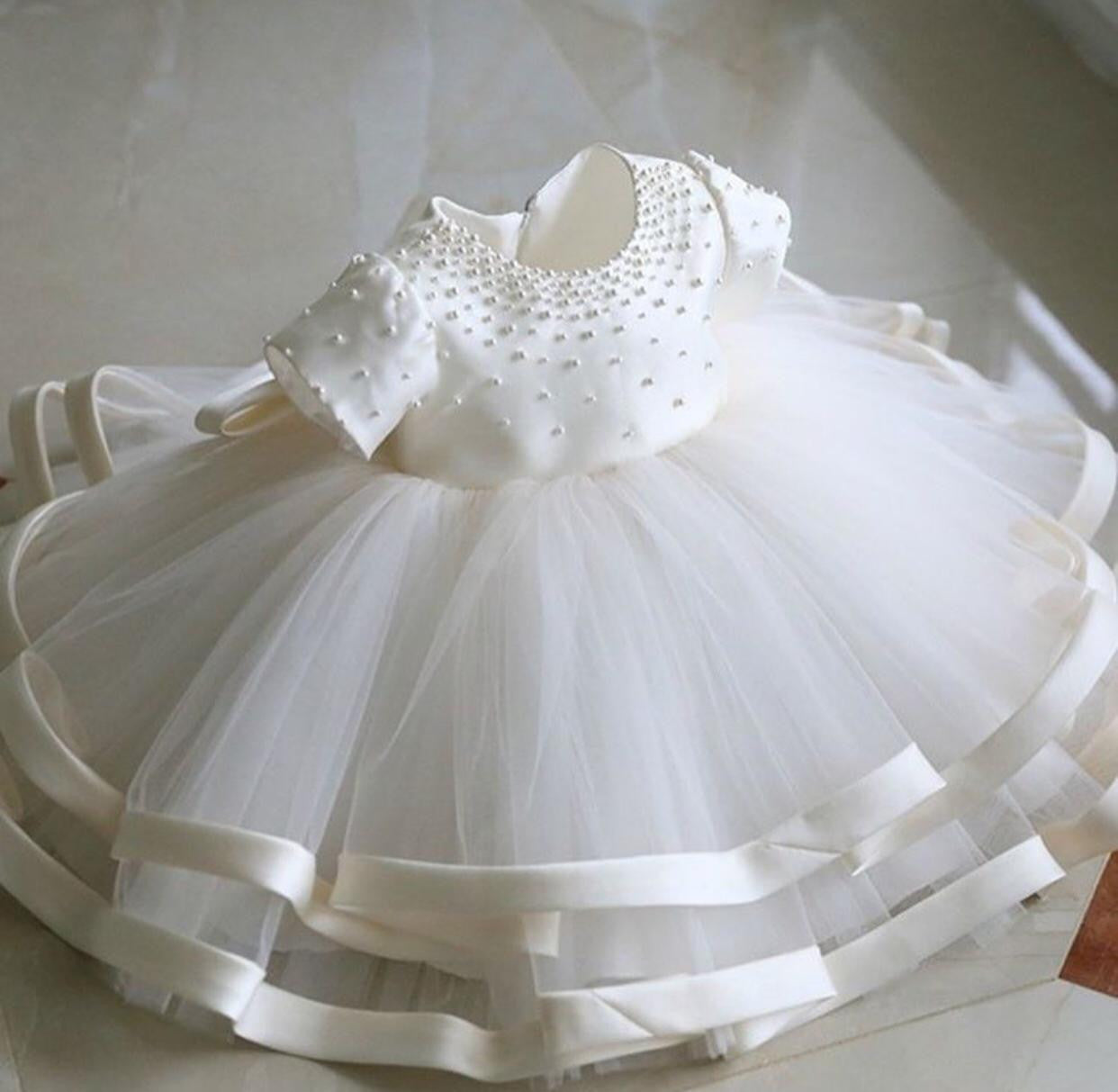 Megan White Pearl Flower Girl Dress
