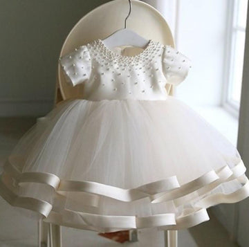 Megan White Pearl Flower Girl Dress