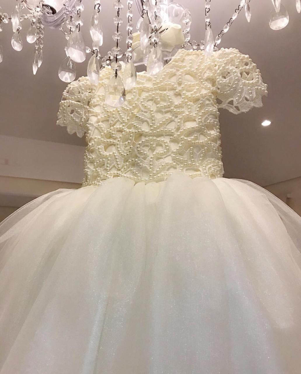 Pearl Beaded White FlowerGirl Dress