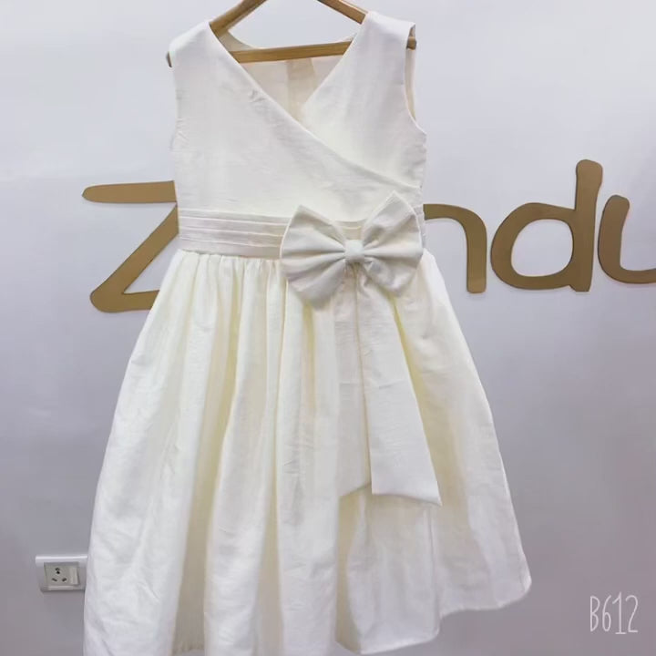 Zolindu Jules Ivory V-Neck Poly Dupioni Dress w Bow